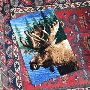 Handmade Latch Hook Rug Wall Hanging Moose Cabin Rustic Country Home Decor Retro
